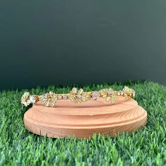 Faux Gold Metal Leaf Rhinestone Embellished Headband - Picture 6 of 7